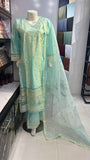 429 GREENISH BLUE 3Pc LAWN EMBROIDERED SHIRT WITH ORGANZA DOPATT AND FLAPPER